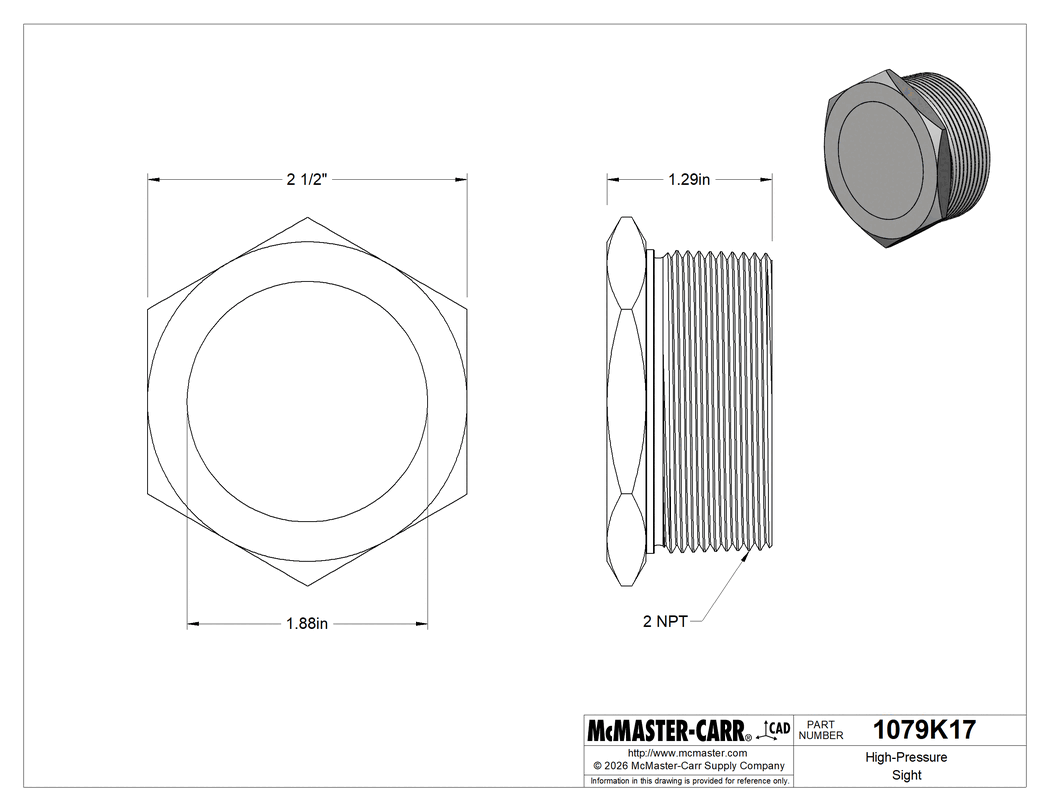 Technical Drawing of High-Pressure Sight, for Clear Liquid, Nickel-Plated Steel, 2 NPT Male.